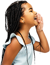 A young girl with braids cups her hand to her mouth, as if calling out or spreading the word
